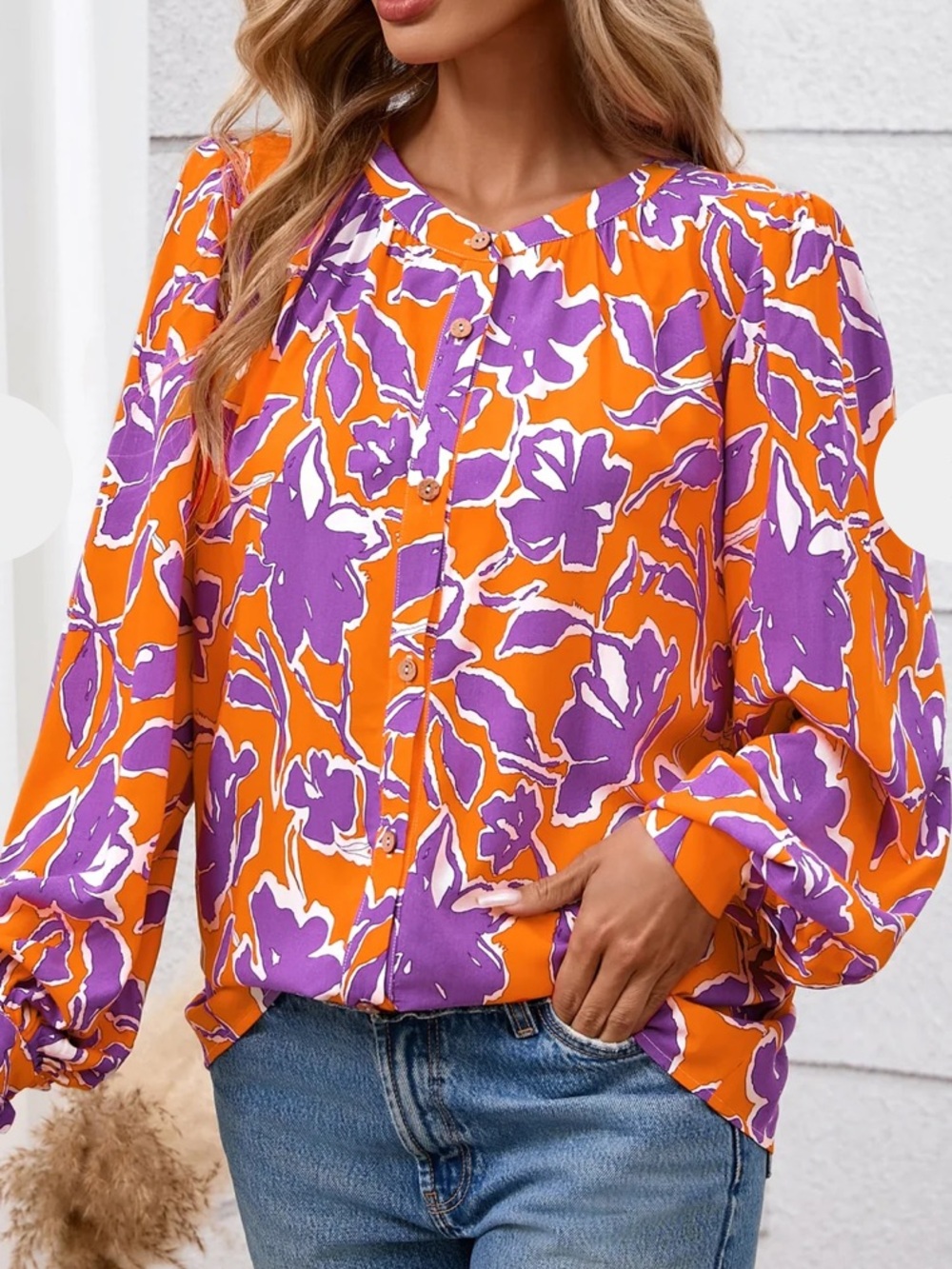 PrettyGarden Orange‎ Purple Floral Design Button-Front Blouse. Size Small. NWT.